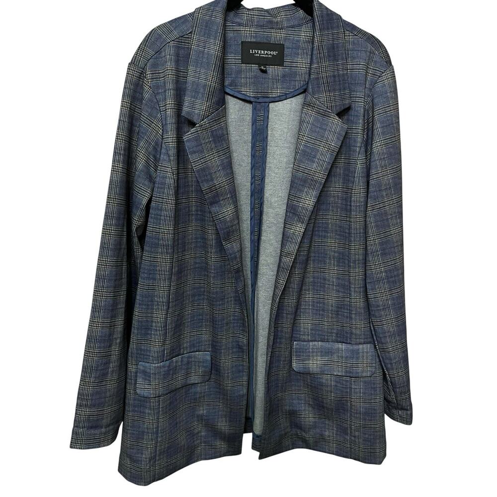 Liverpool Plaid Boyfriend Blazer Jacket 1X Open Front Navy Khaki Career Ponte